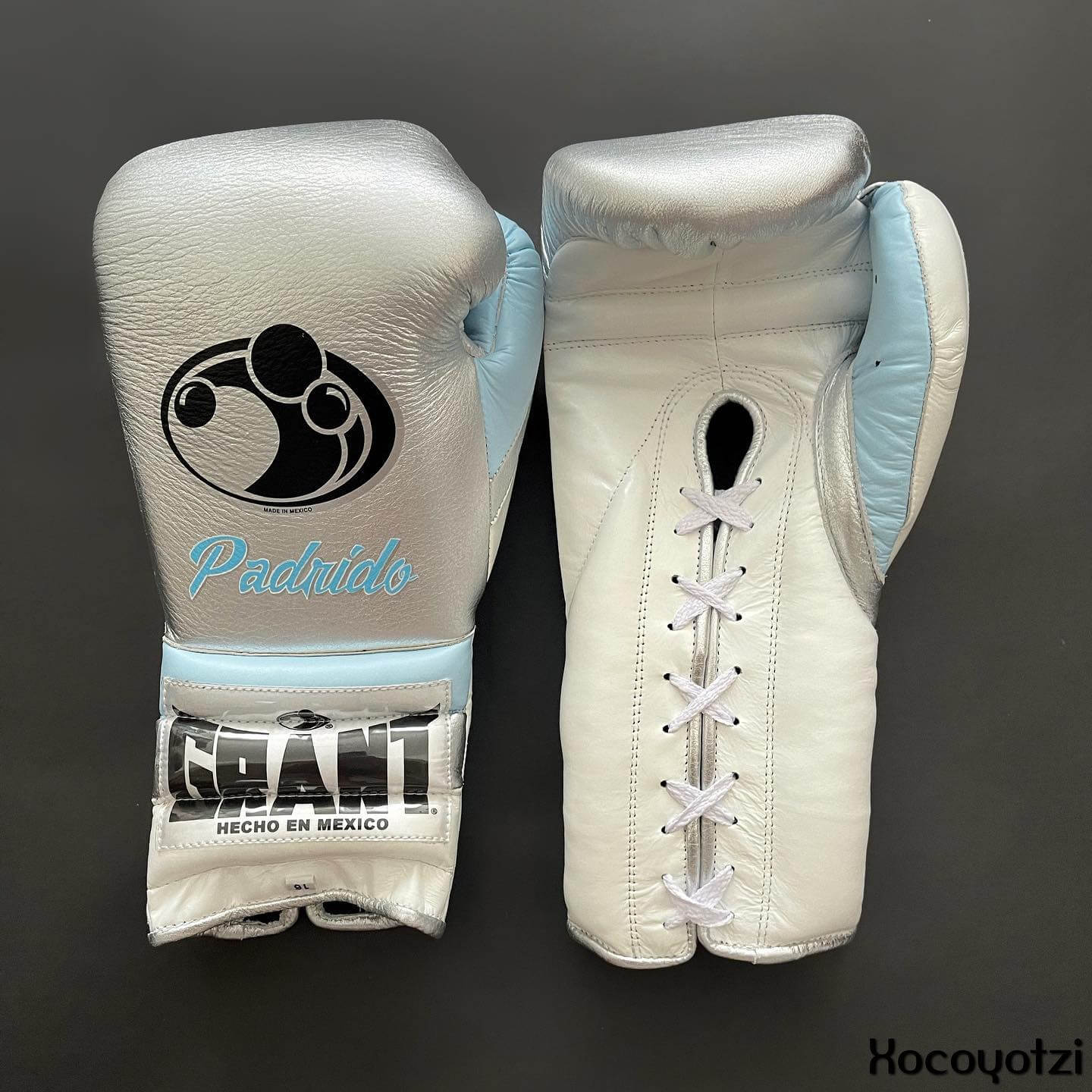 Grant Boxing Gloves in Silver/White/Blue colorway - Professional Lace-Up training gloves