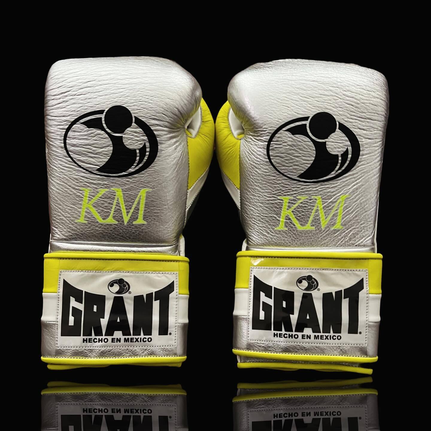 Grant Boxing Gloves in Silver/Yellow/White colorway - Professional Velcro training gloves