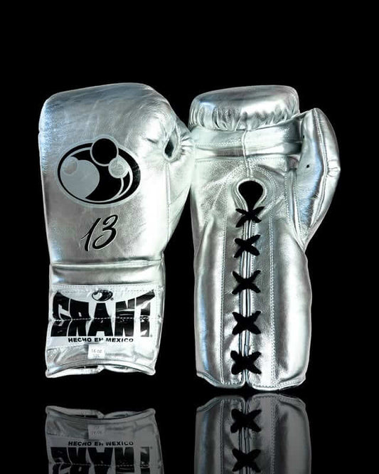 Grant Boxing Gloves in Silver/Black colorway - Professional Lace-Up training gloves