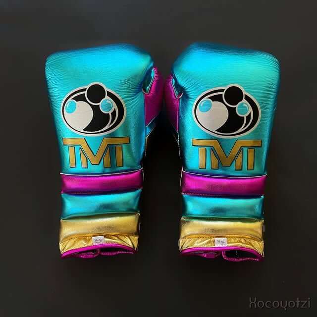 Grant Boxing Gloves in Blue/Gold/Pink colorway - Professional Lace-Up training gloves