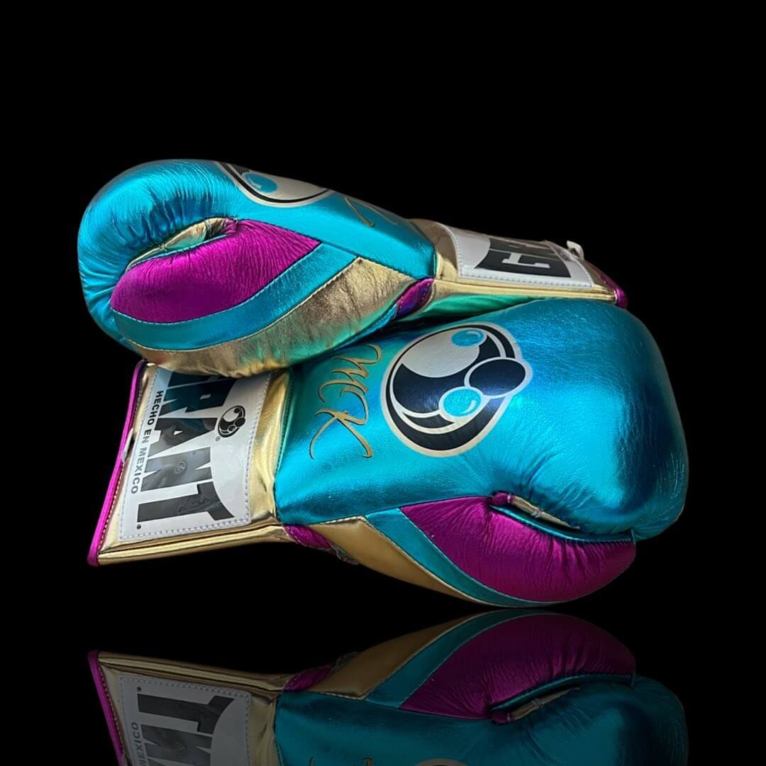 Grant Boxing Gloves in Sky-Blue/Pink/Gold colorway - Professional Lace-Up training gloves