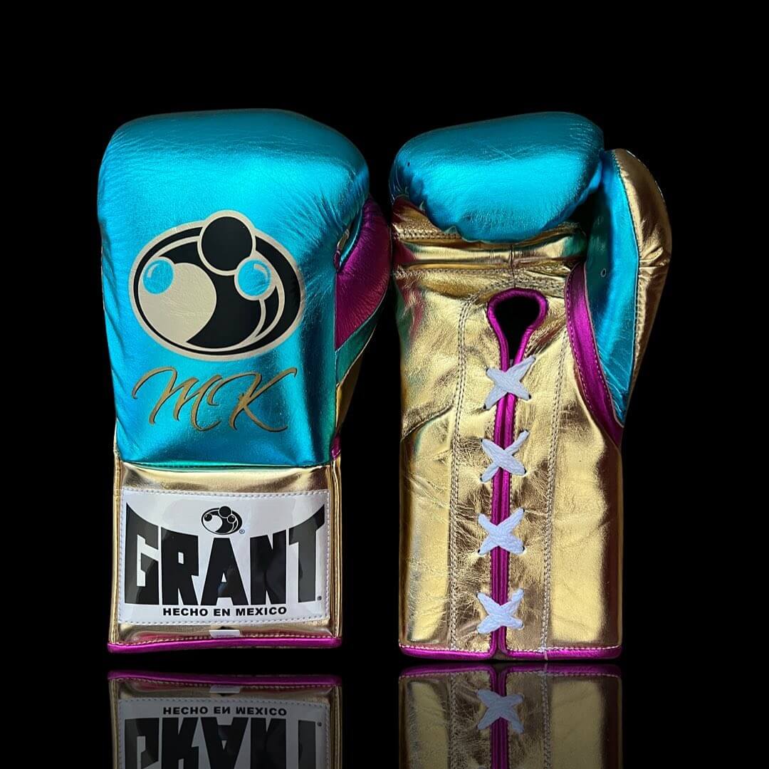 Grant Boxing Gloves in Sky-Blue/Pink/Gold colorway - Professional Lace-Up training gloves
