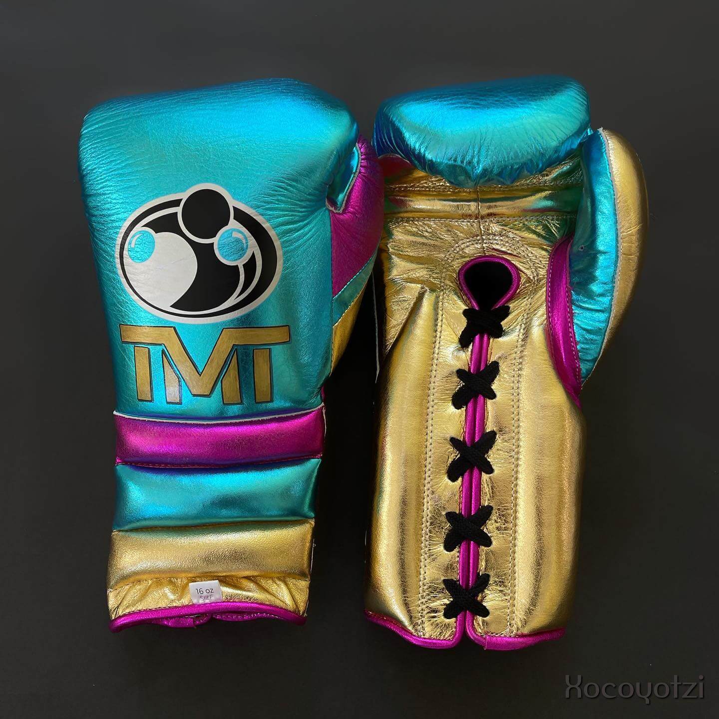 Grant Boxing Gloves in Blue/Gold/Pink colorway - Professional Lace-Up training gloves