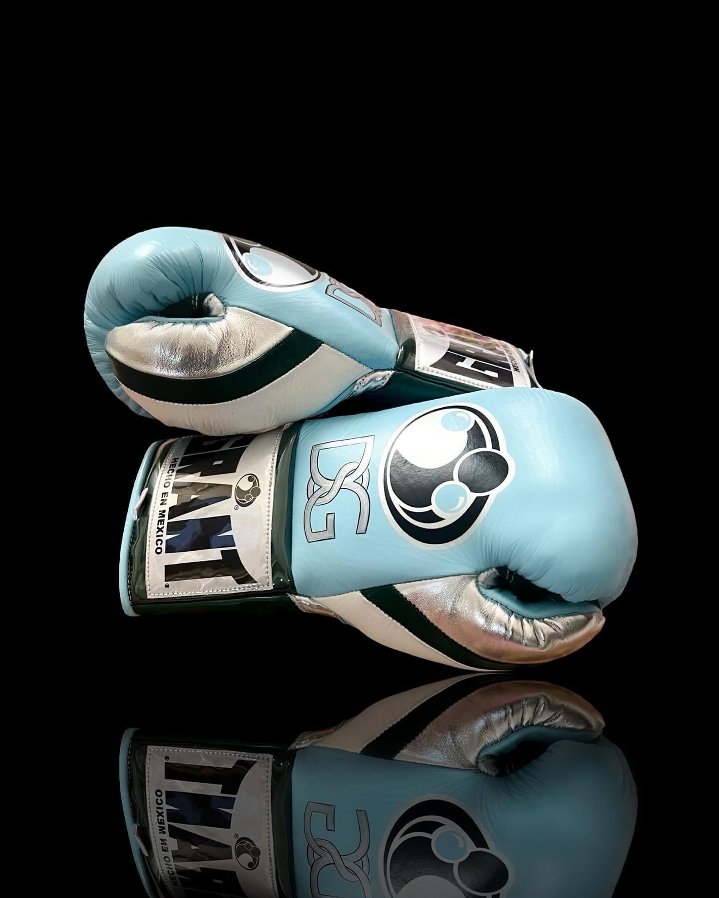 Grant Boxing Gloves in Sky-Blue/Green/Silver colorway - Professional Lace-Up training gloves