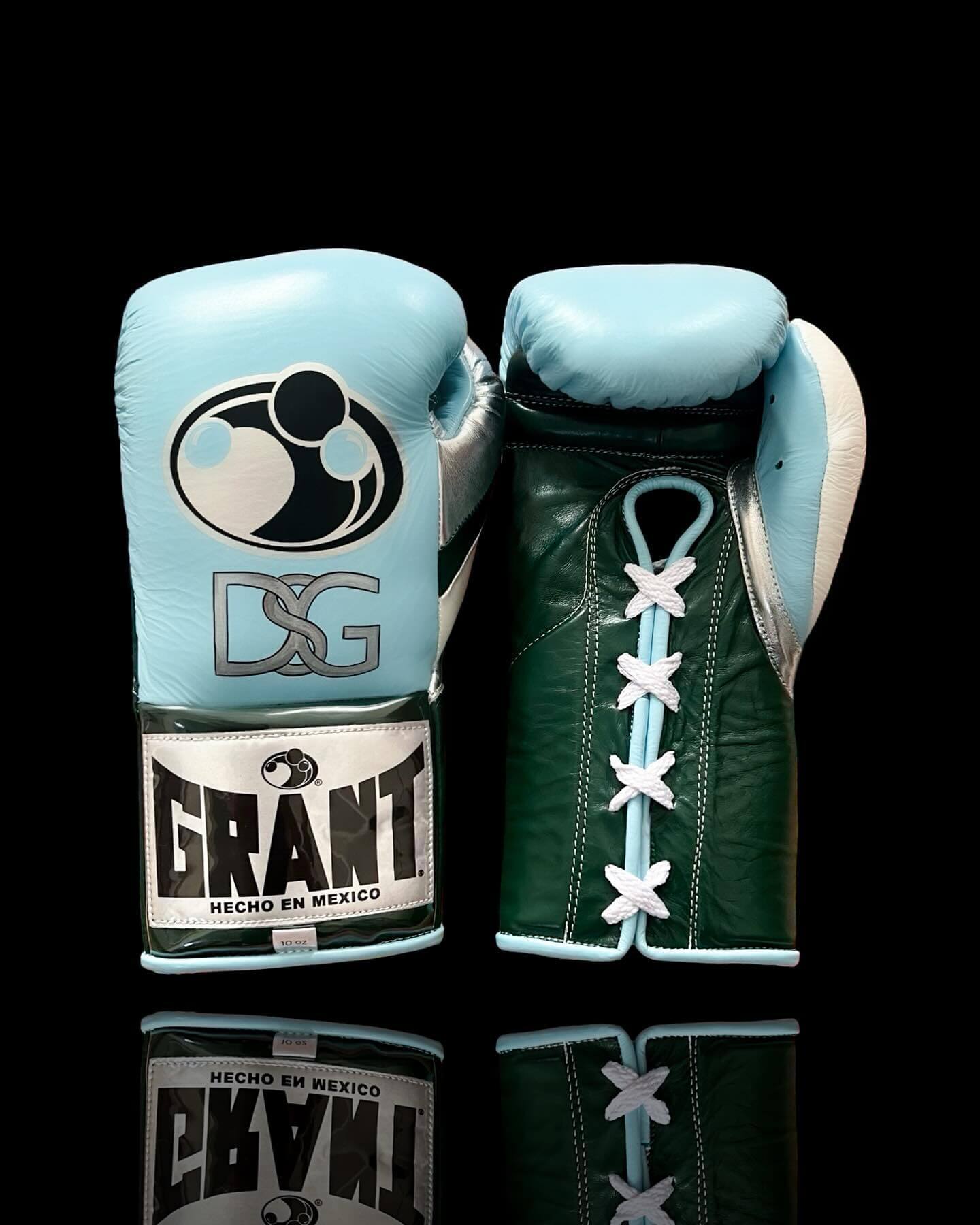 Grant Boxing Gloves in Sky-Blue/Green/Silver colorway - Professional Lace-Up training gloves