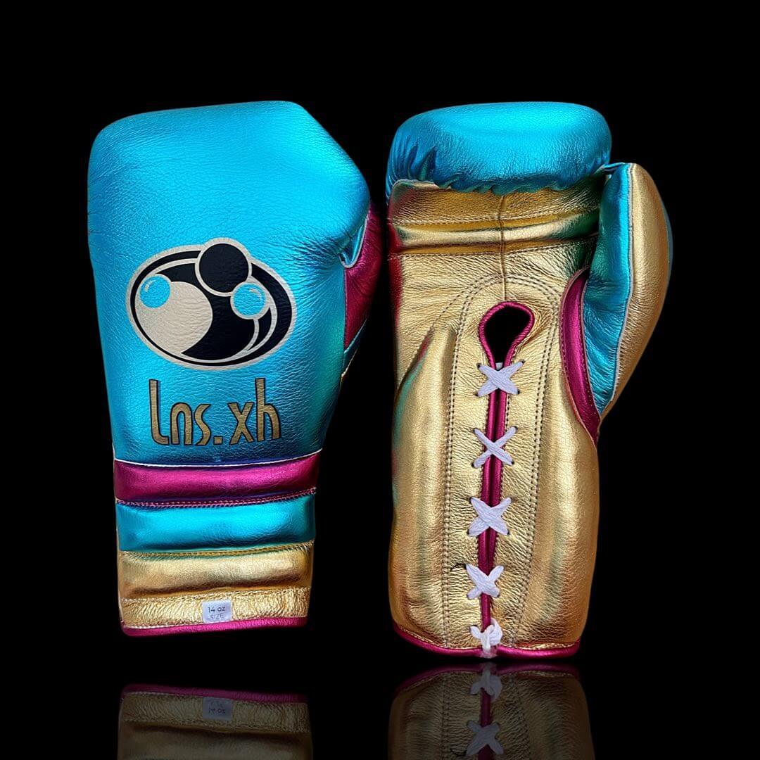 Grant Boxing Gloves in Blue/Gold/Pink colorway - Professional Lace-Up training gloves