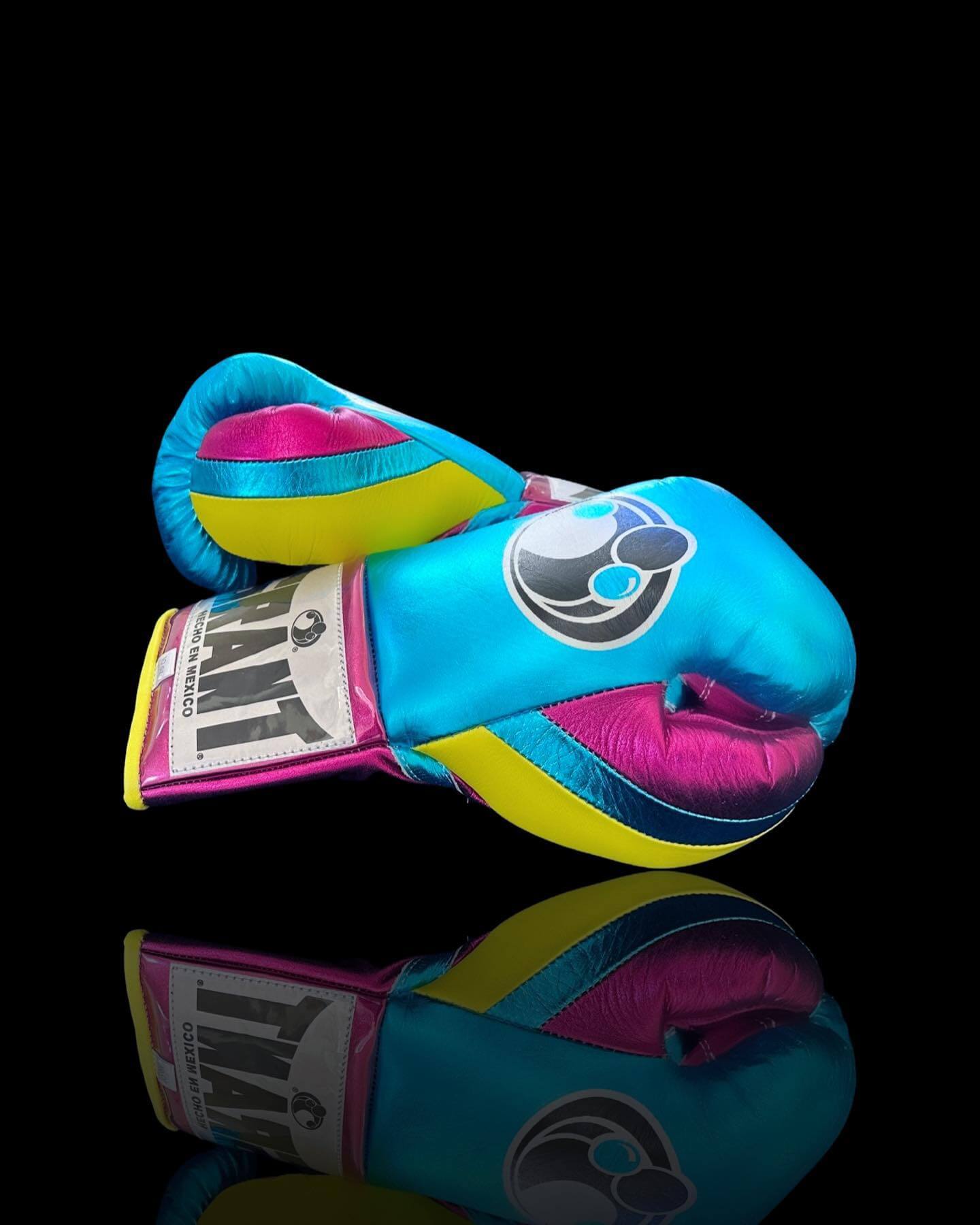 Grant Boxing Gloves in Blue/Pink/Gold colorway - Professional Lace-Up training gloves