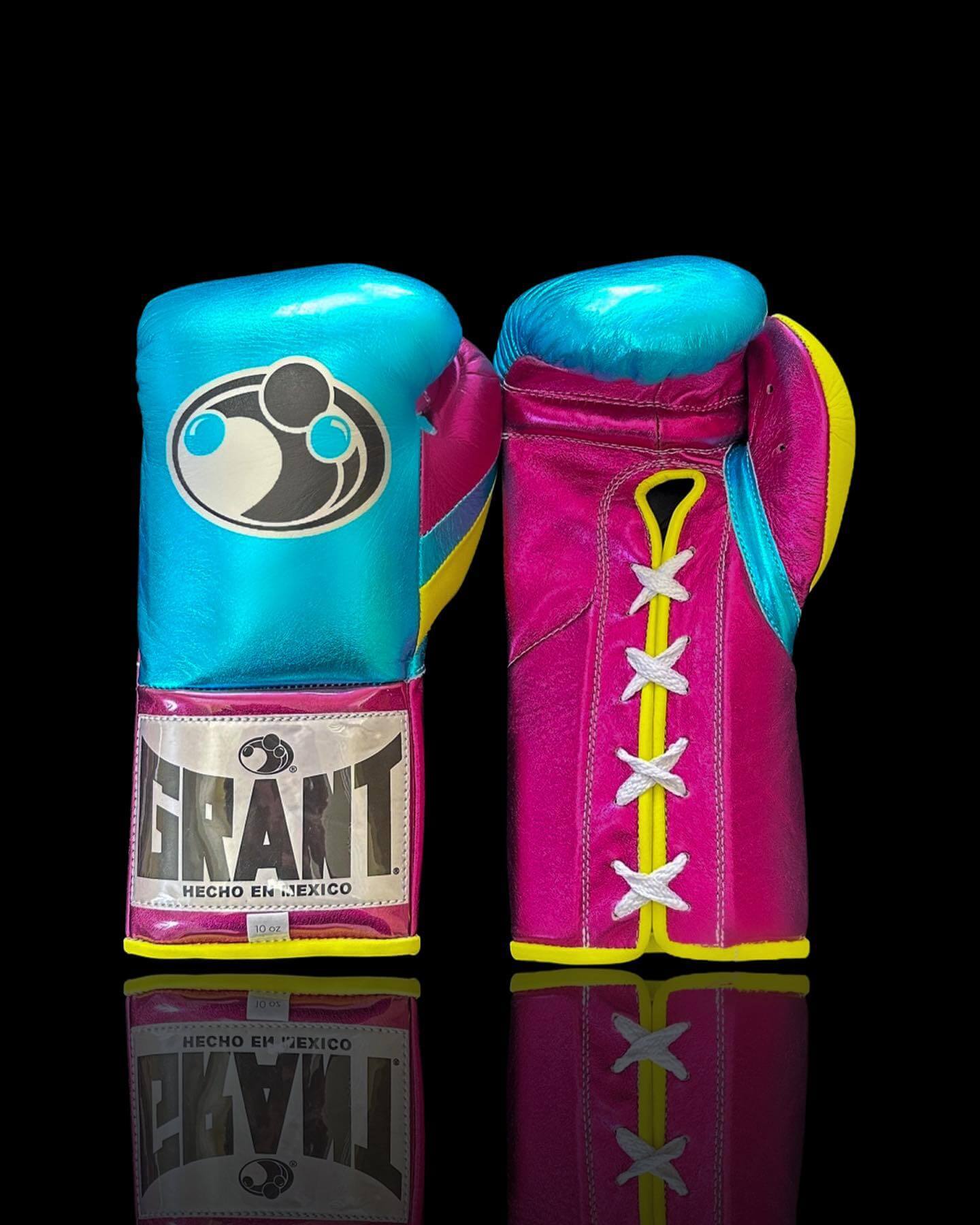 Grant Boxing Gloves in Blue/Pink/Gold colorway - Professional Lace-Up training gloves