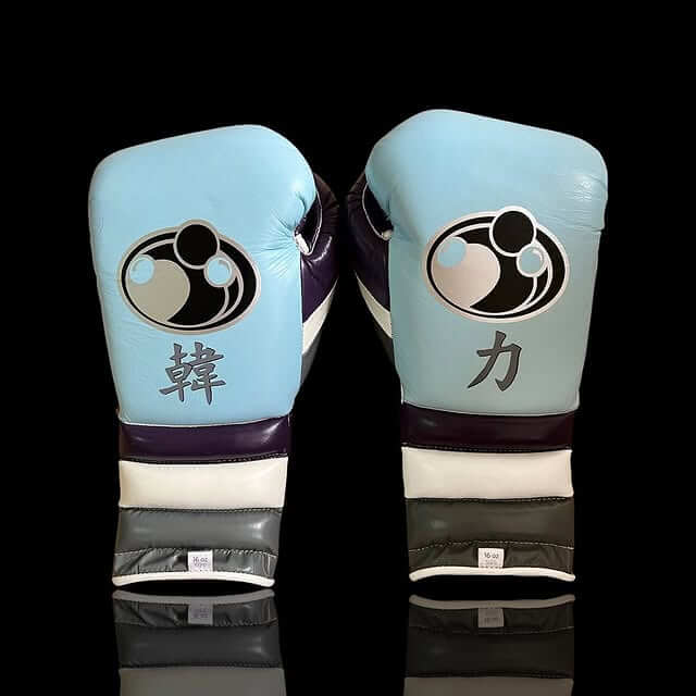 Grant Boxing Gloves in Sky-Blue/Purple/White colorway - Professional Lace-Up training gloves