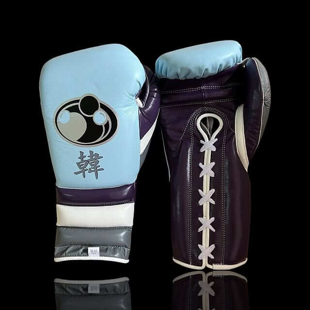 Grant Boxing Gloves in Sky-Blue/Purple/White colorway - Professional Lace-Up training gloves