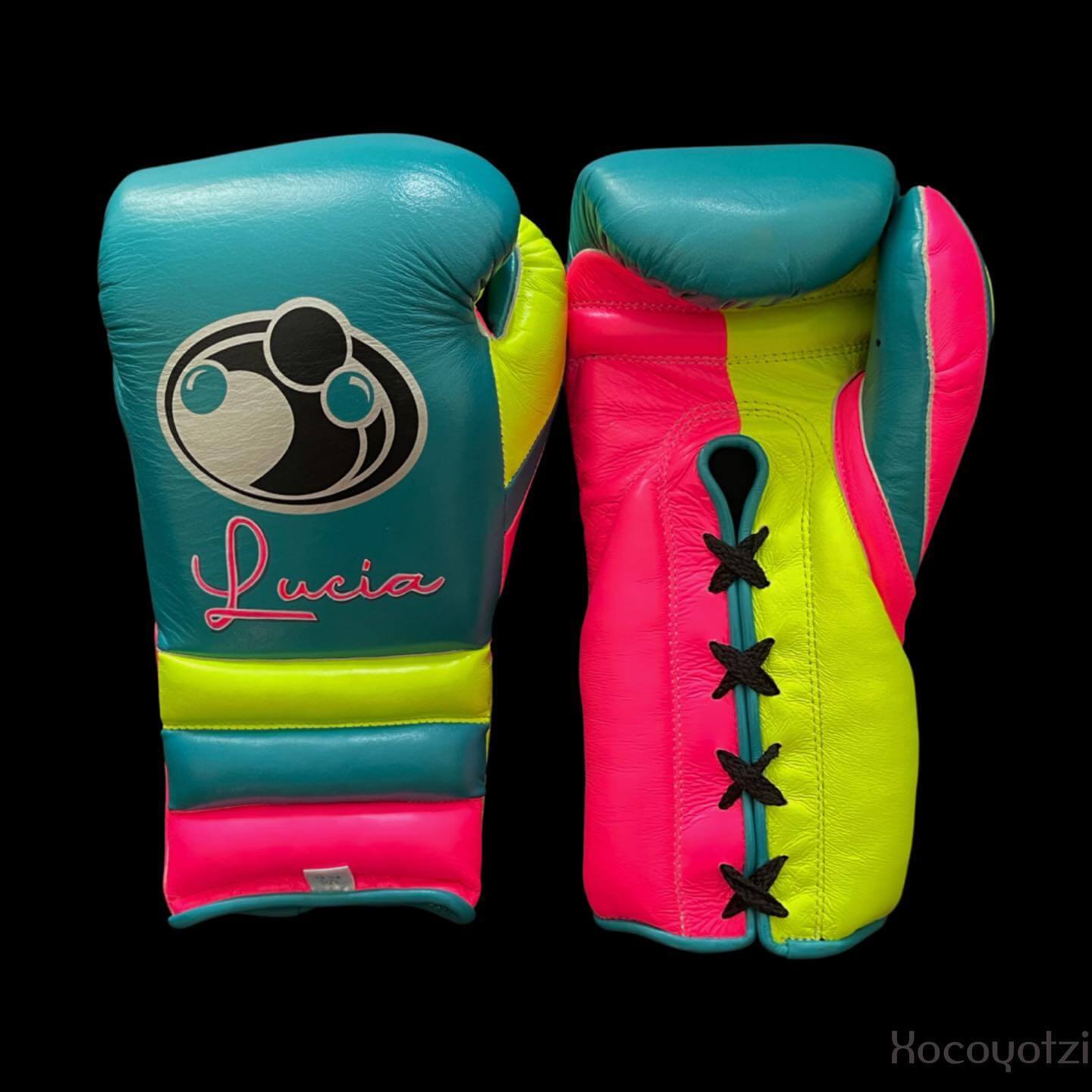Grant Boxing Gloves in Teal/Pink/Parrot colorway - Professional Lace-Up training gloves