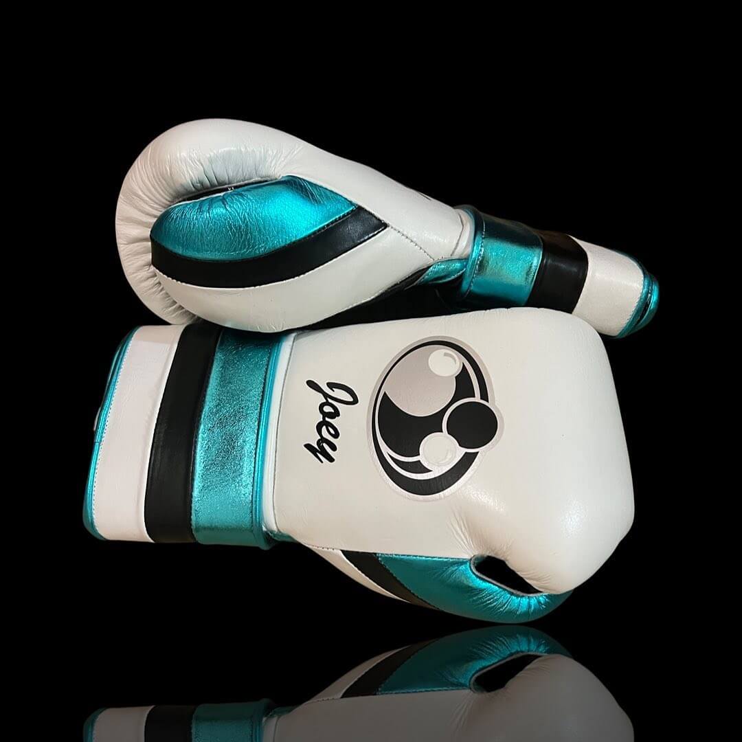 Grant Boxing Gloves in White/Black/Blue colorway - Professional Velcro training gloves