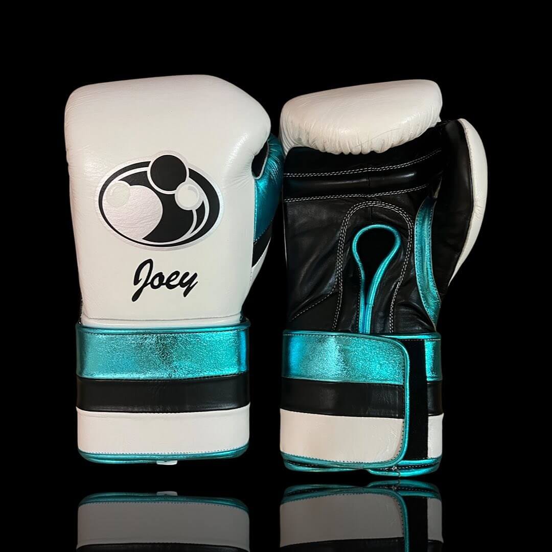 Grant Boxing Gloves in White/Black/Blue colorway - Professional Velcro training gloves
