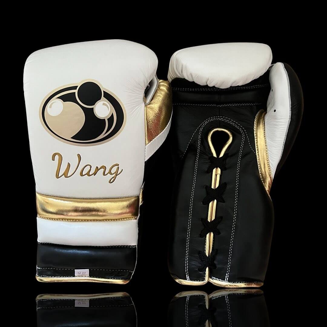 Grant Boxing Gloves in White/Black/Gold colorway - Professional Lace-Up training gloves
