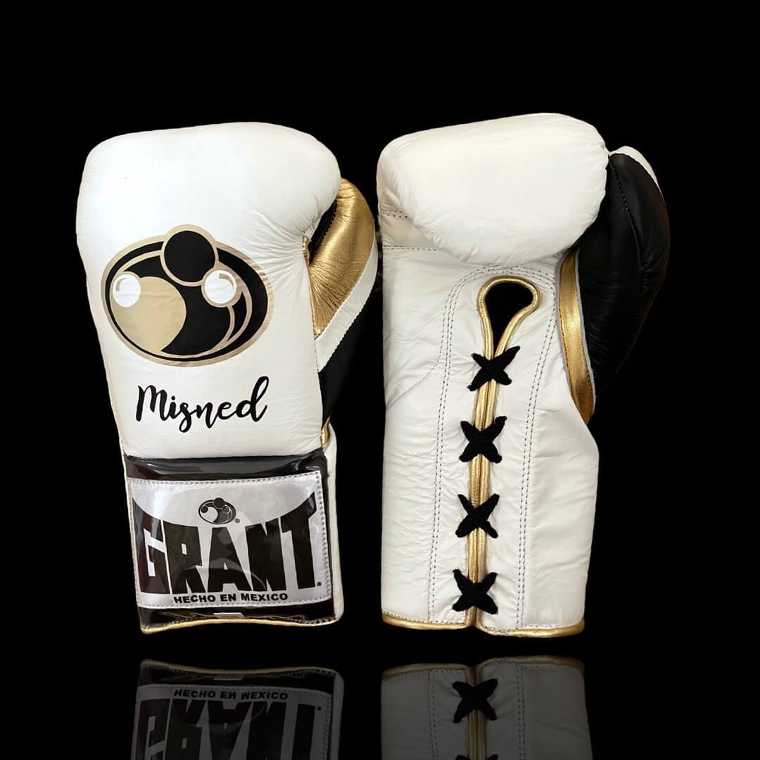 Grant Boxing Gloves in White/Gold/Black colorway - Professional Lace-Up training gloves