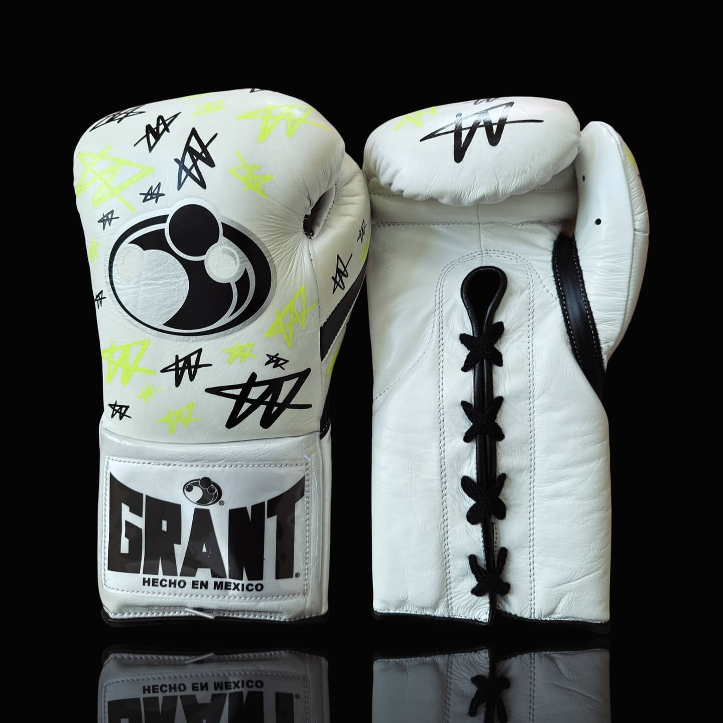 Grant Boxing Gloves in White/Black/Yellow colorway - Professional Lace-Up training gloves