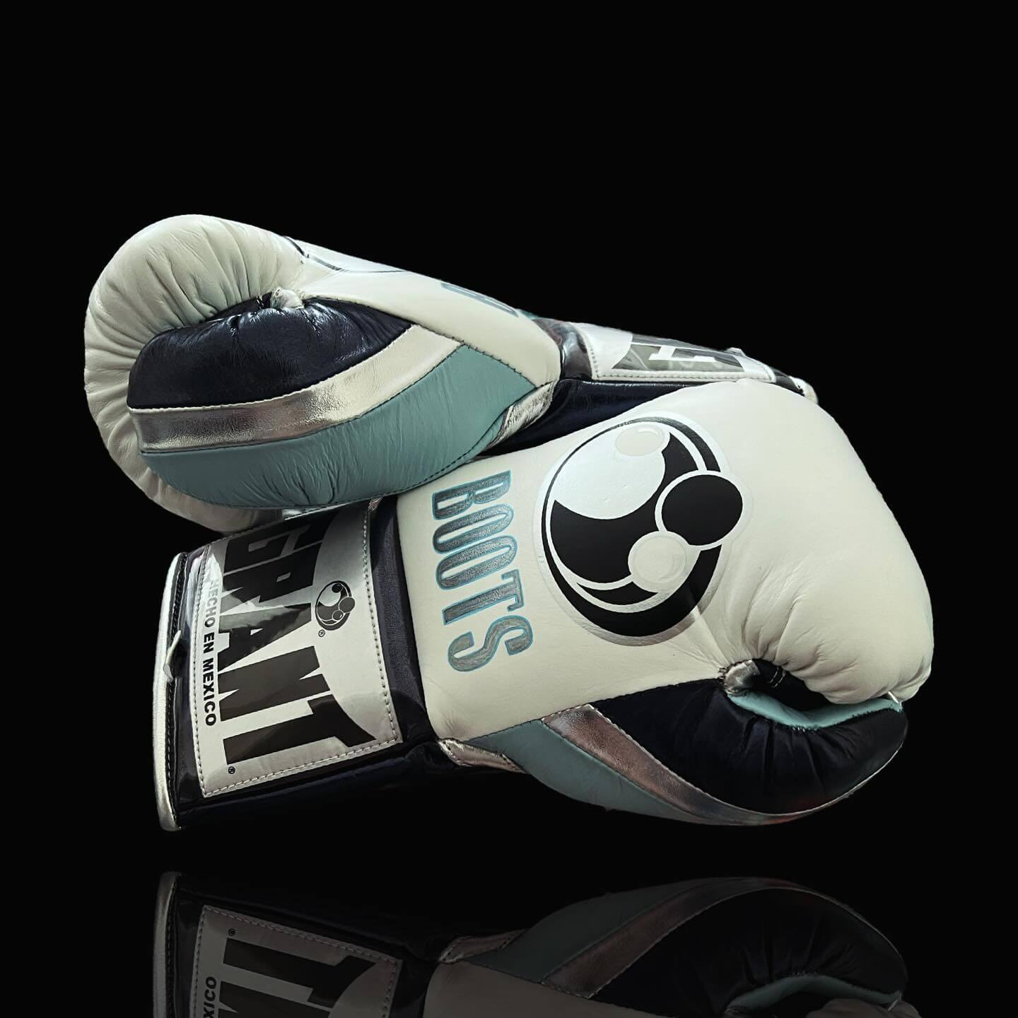 Grant Boxing Gloves in White/Blue/Grey/Silver colorway - Professional Lace-Up training gloves
