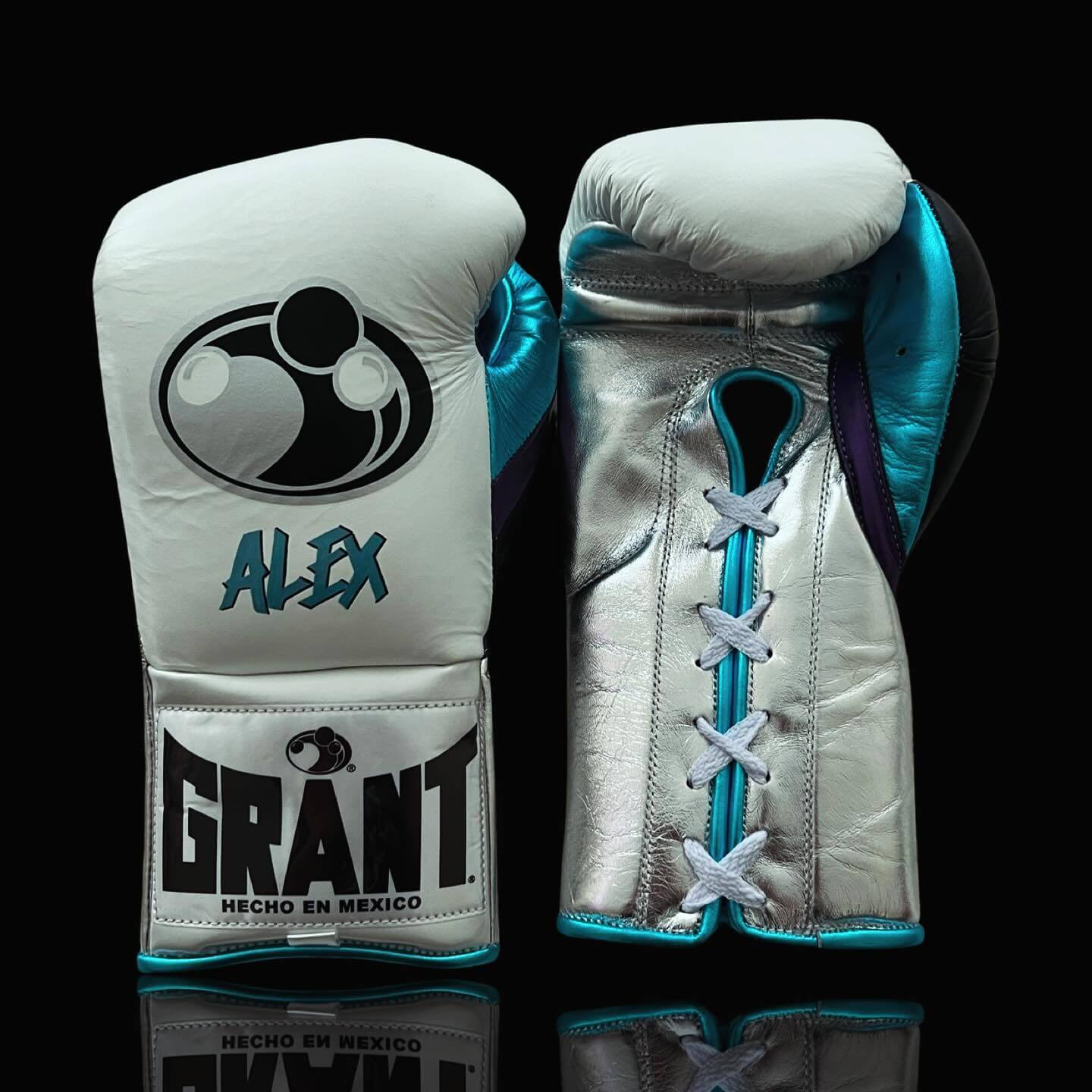 Grant Boxing Gloves in White/Blue/Black colorway - Professional Lace-Up training gloves