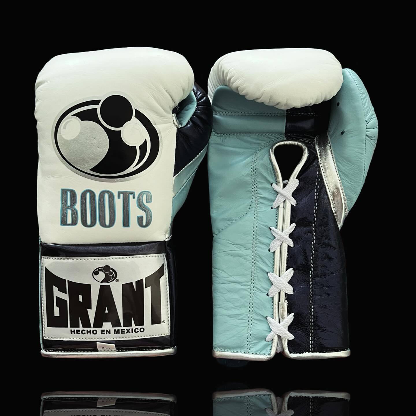 Grant Boxing Gloves in White/Blue/Grey/Silver colorway - Professional Lace-Up training gloves