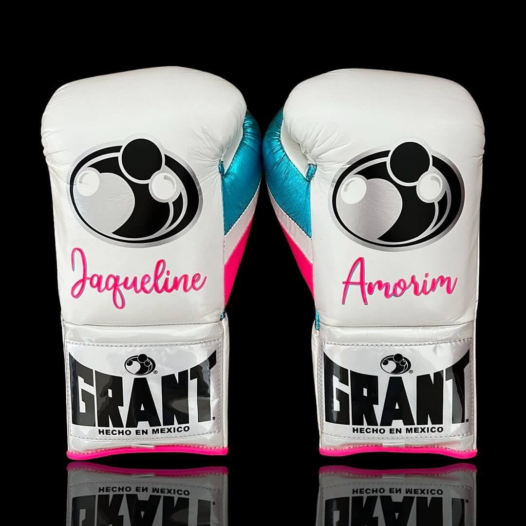 Grant Boxing Gloves in White/Blue/Pink colorway - Professional Lace-Up training gloves