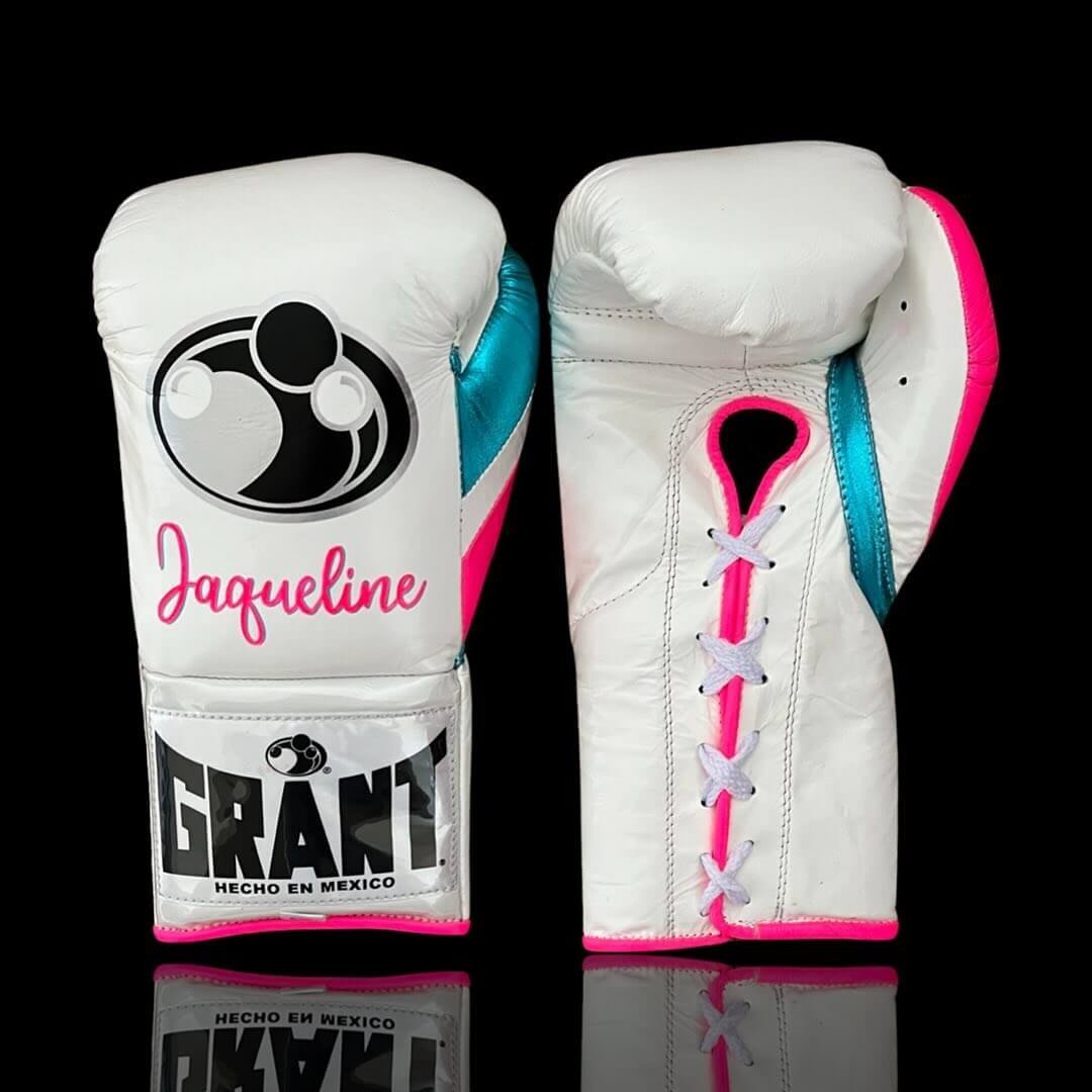 Grant Boxing Gloves in White/Blue/Pink colorway - Professional Lace-Up training gloves