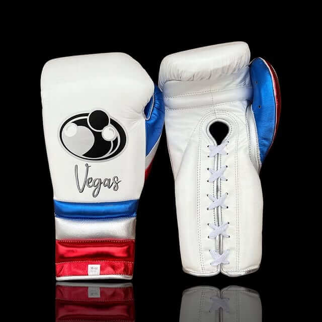 Grant Boxing Gloves in White/Blue/Red colorway - Professional Lace-Up training gloves