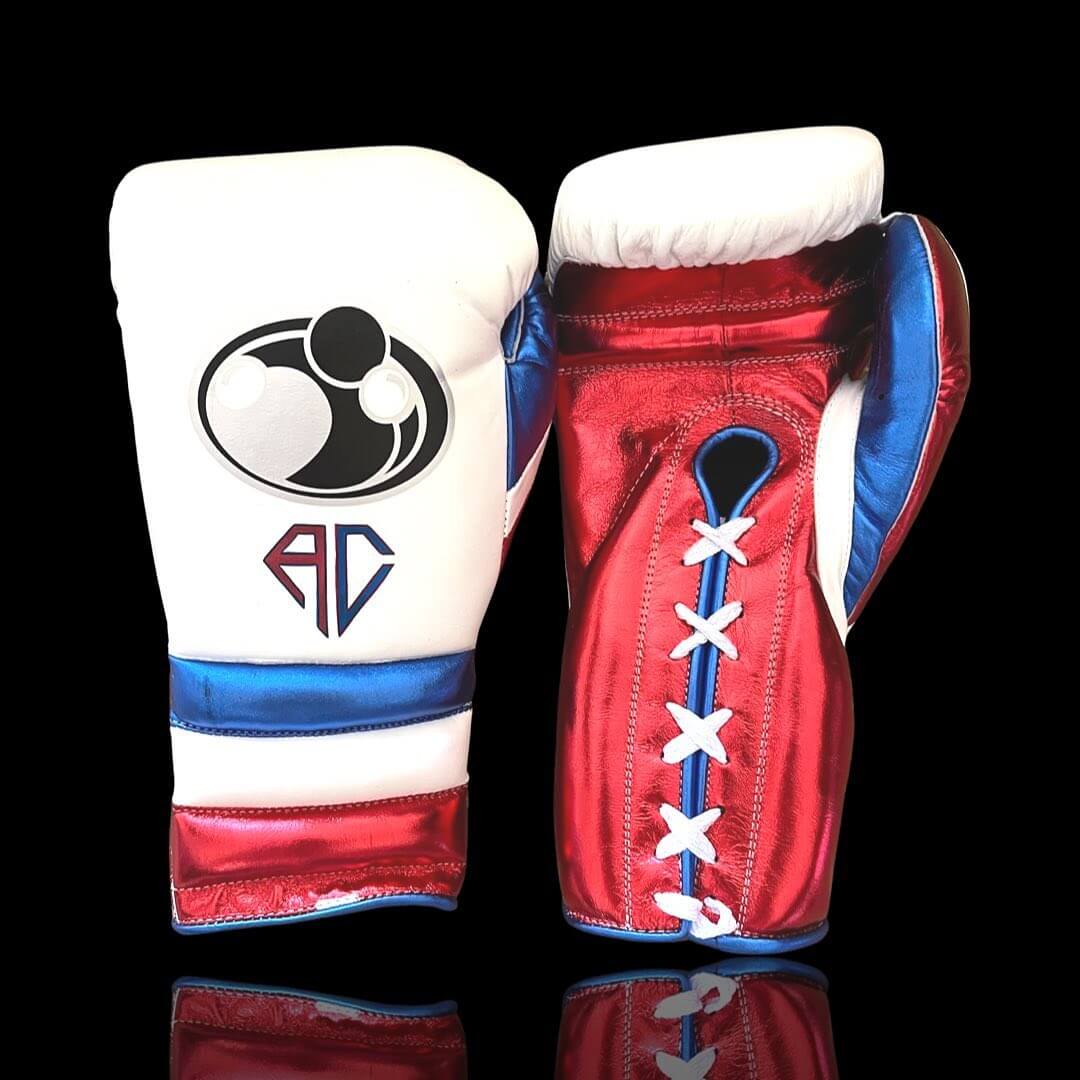Grant Boxing Gloves in White/Red/Blue colorway - Professional Lace-Up training gloves
