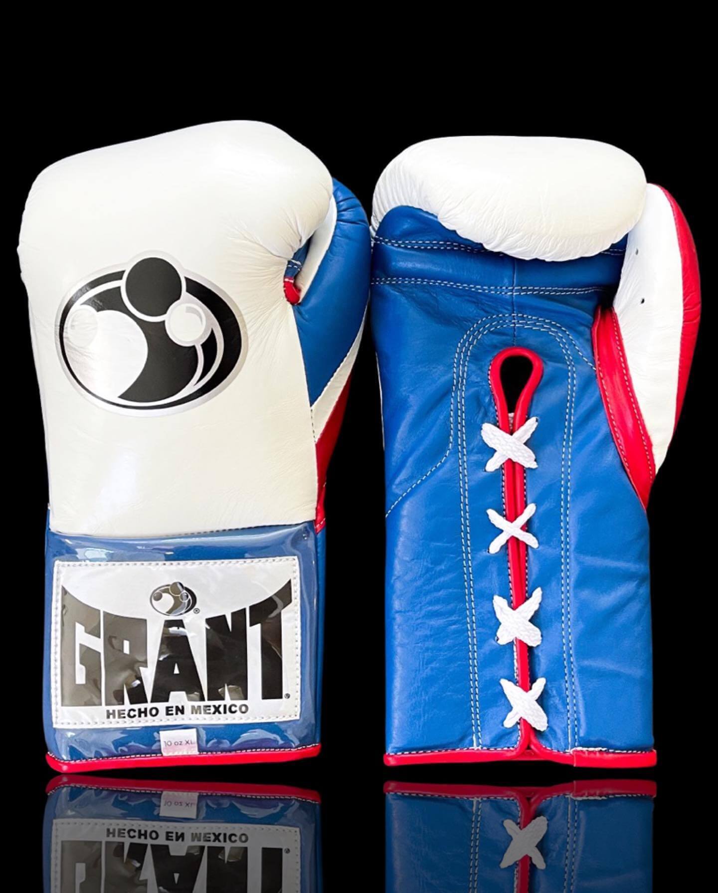 Grant Boxing Gloves in White/Blue/Red colorway - Professional Lace-Up training gloves