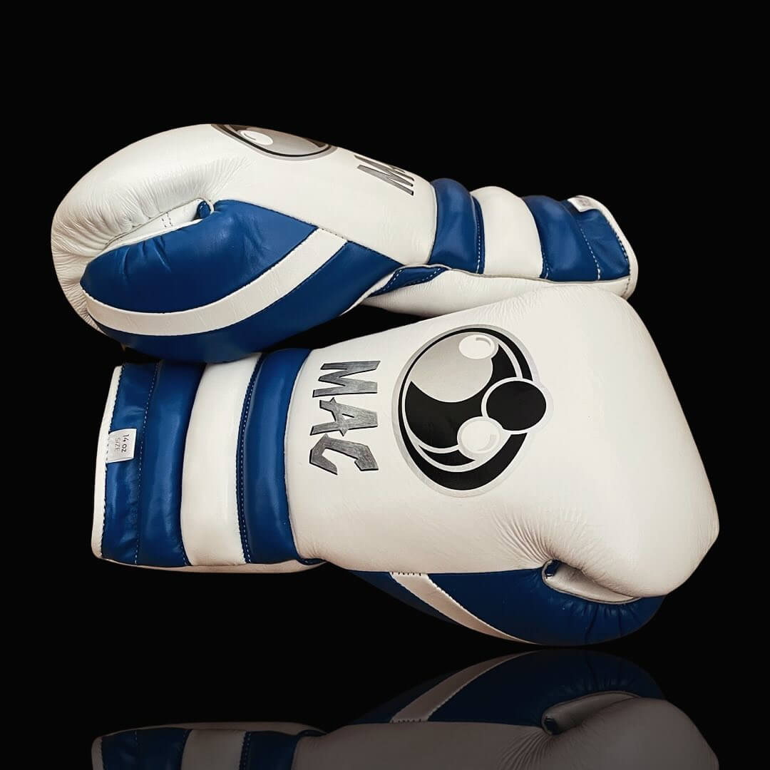 Grant Boxing Gloves in White/Blue colorway - Professional Lace-Up training gloves