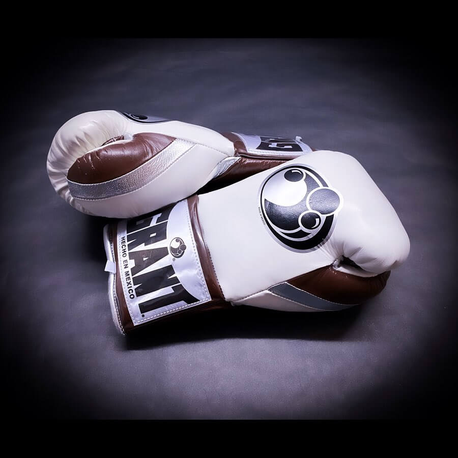 Grant Boxing Gloves in White/Brown/Silver colorway - Professional Lace-Up training gloves