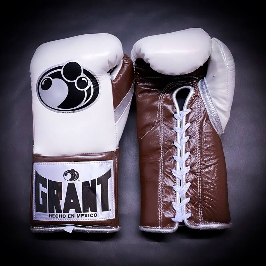 Grant Boxing Gloves in White/Brown/Silver colorway - Professional Lace-Up training gloves
