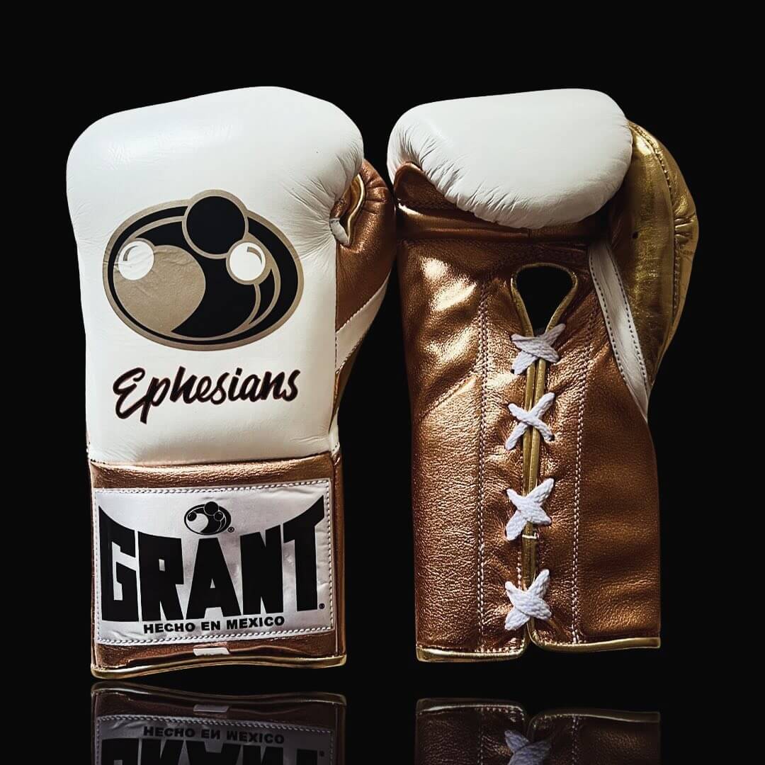 Grant Boxing Gloves in White/Brown colorway - Professional Lace-Up training gloves