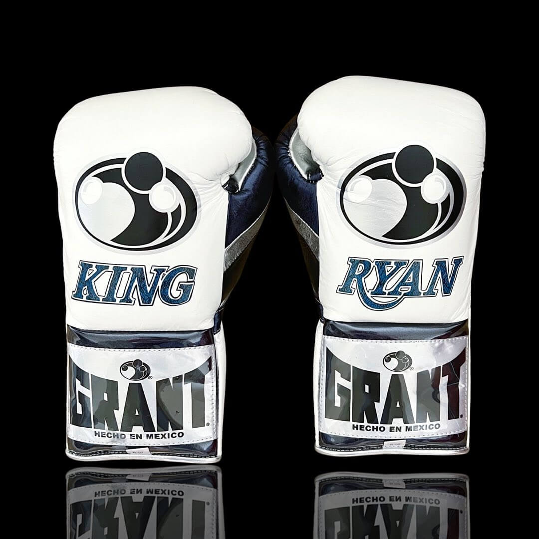 Grant Boxing Gloves in White/Blue colorway - Professional Lace-Up training gloves