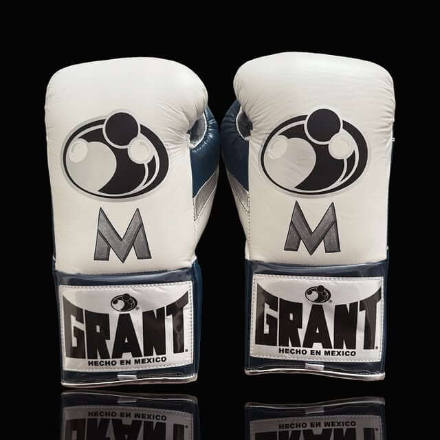Grant Boxing Gloves in White/Blue/Silver colorway - Professional Lace-Up training gloves
