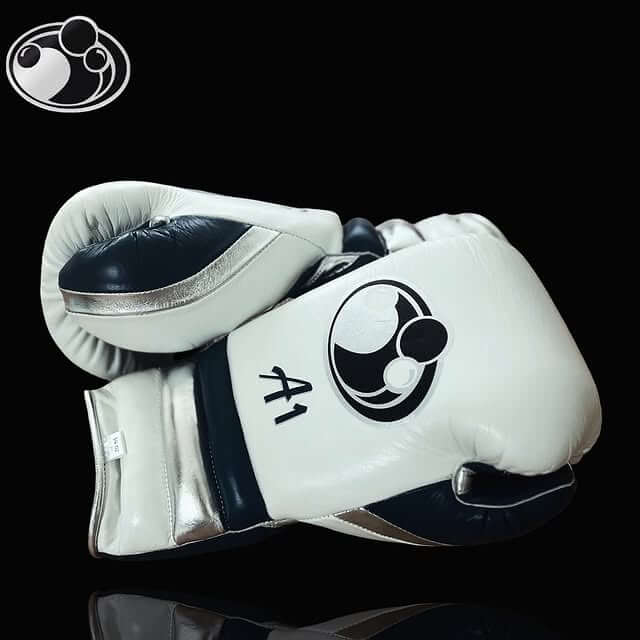 Grant Boxing Gloves in White/Blue/Silver colorway - Professional Lace-Up training gloves