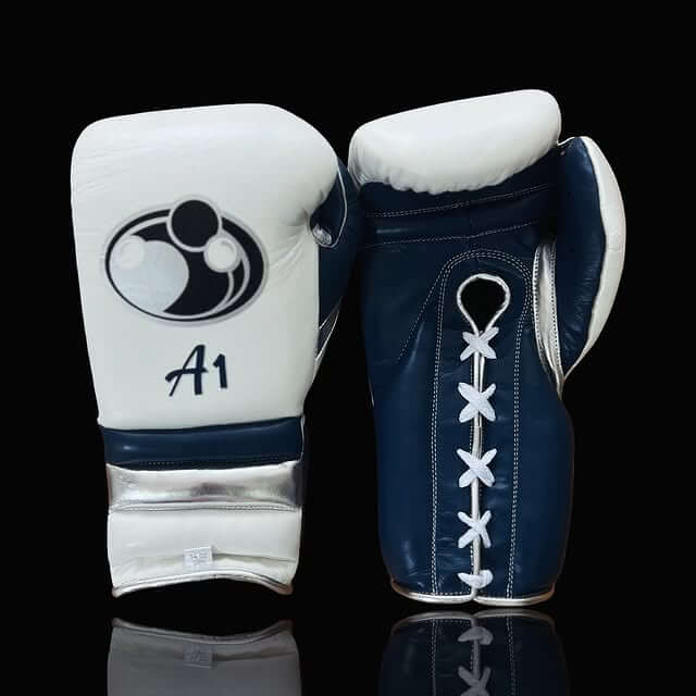 Grant Boxing Gloves in White/Blue/Silver colorway - Professional Lace-Up training gloves