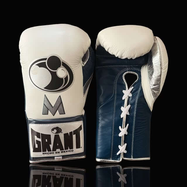 Grant Boxing Gloves in White/Blue/Silver colorway - Professional Lace-Up training gloves