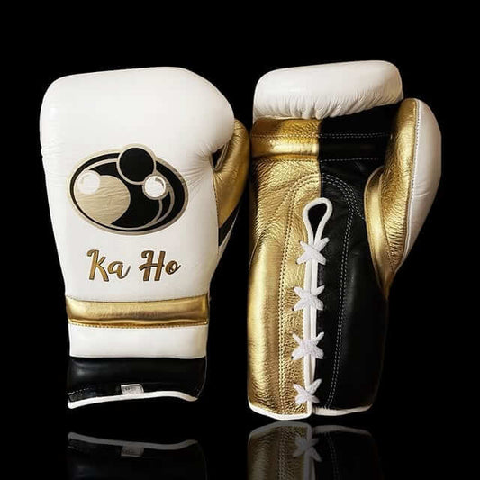 Grant Boxing Gloves in White/Gold/Black colorway - Professional Lace-Up training gloves