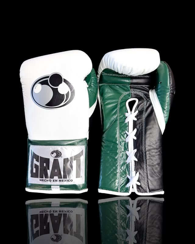 Grant Boxing Gloves in White/Grey/Green colorway - Professional Lace-Up training gloves