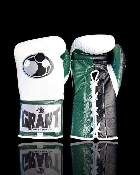 Grant Boxing Gloves in White/Grey/Green colorway - Professional Lace-Up training gloves