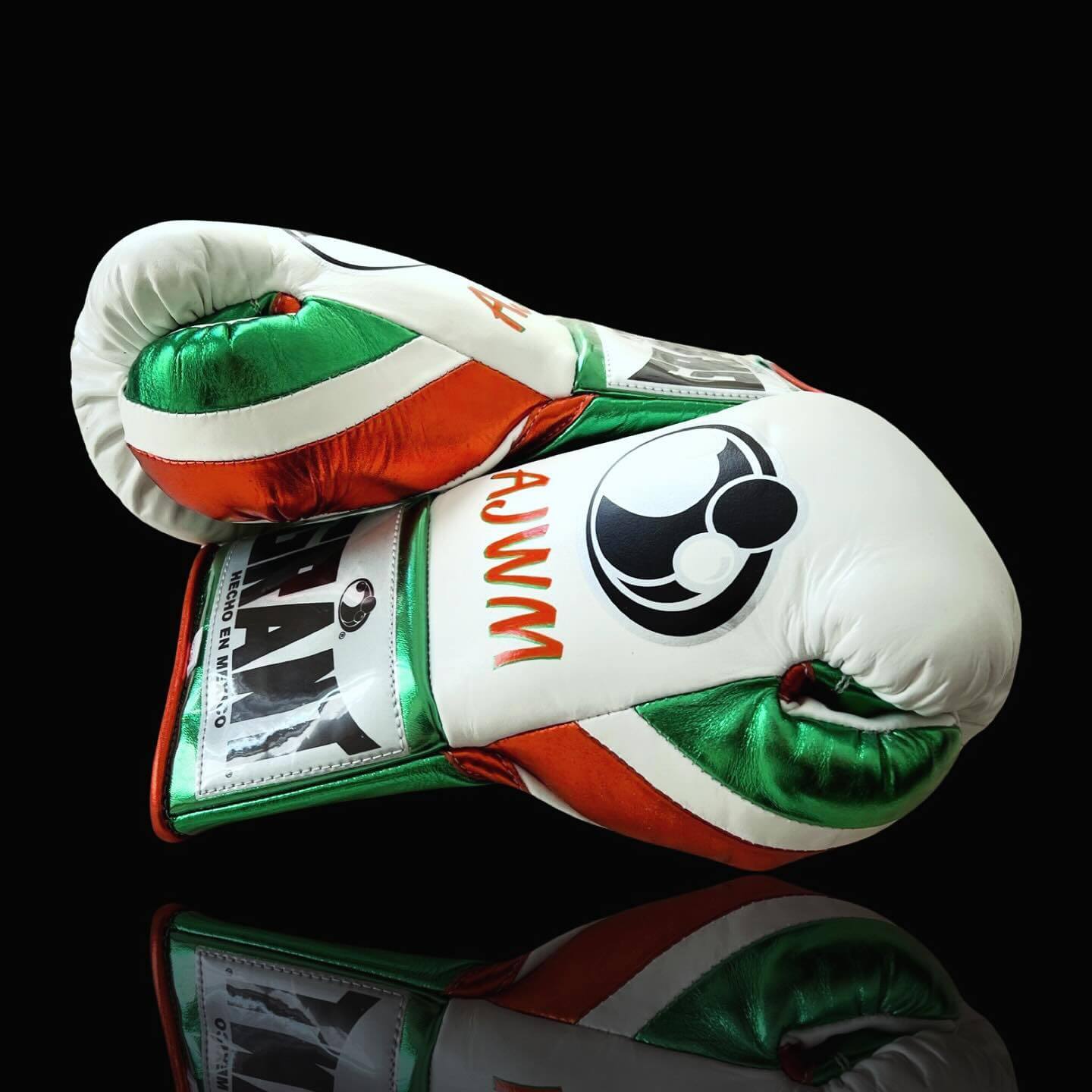 Grant Boxing Gloves in White/Green/Red colorway - Professional Lace-Up training gloves