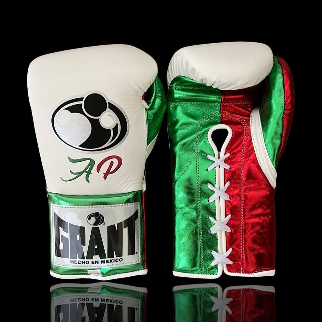 Grant Boxing Gloves in White/Red/Green colorway - Professional Lace-Up training gloves