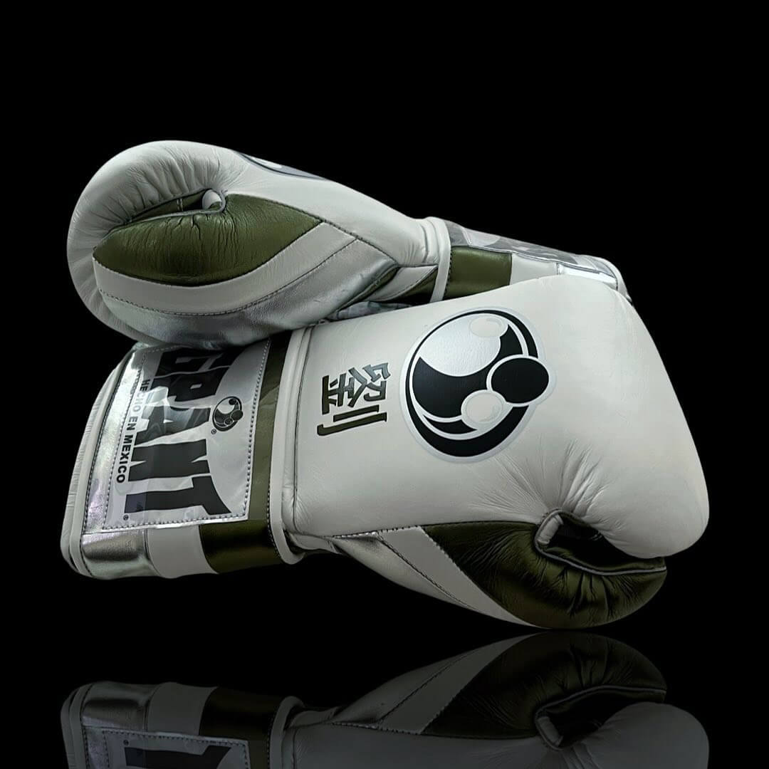 Grant Boxing Gloves in Beige/Green colorway - Professional Velcro training gloves