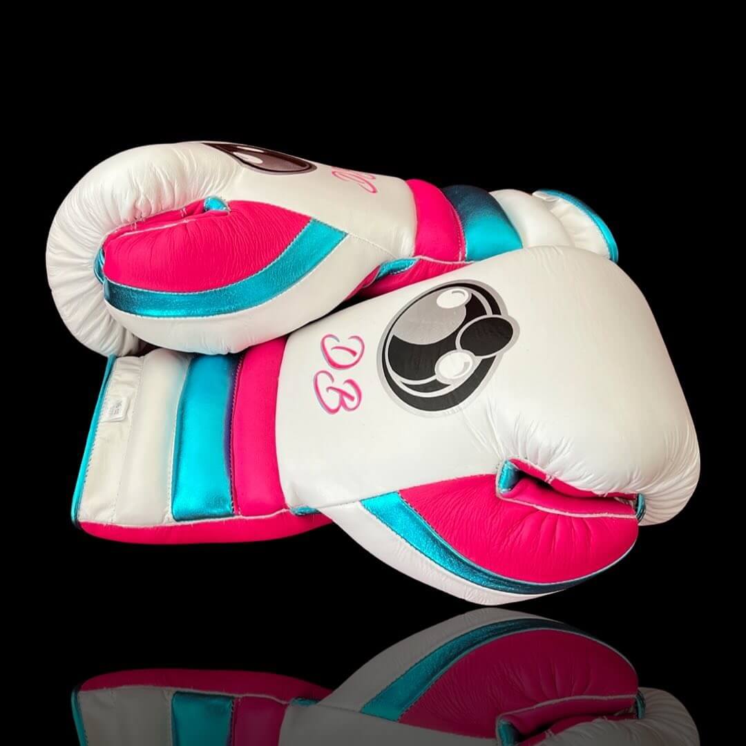 Grant Boxing Gloves in White/Pink/Blue colorway - Professional Lace-Up training gloves