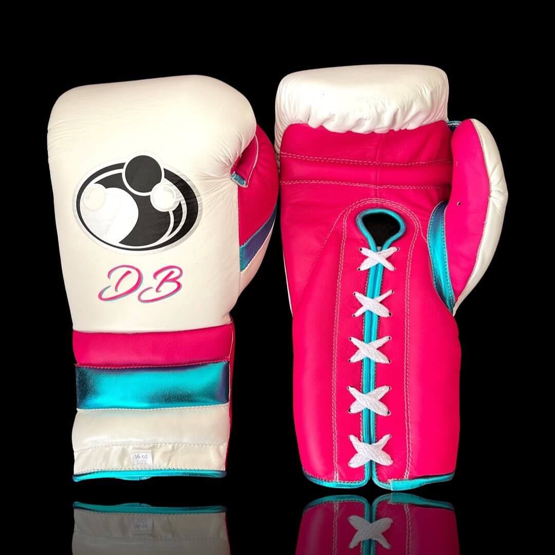 Grant Boxing Gloves in White/Pink/Blue colorway - Professional Lace-Up training gloves