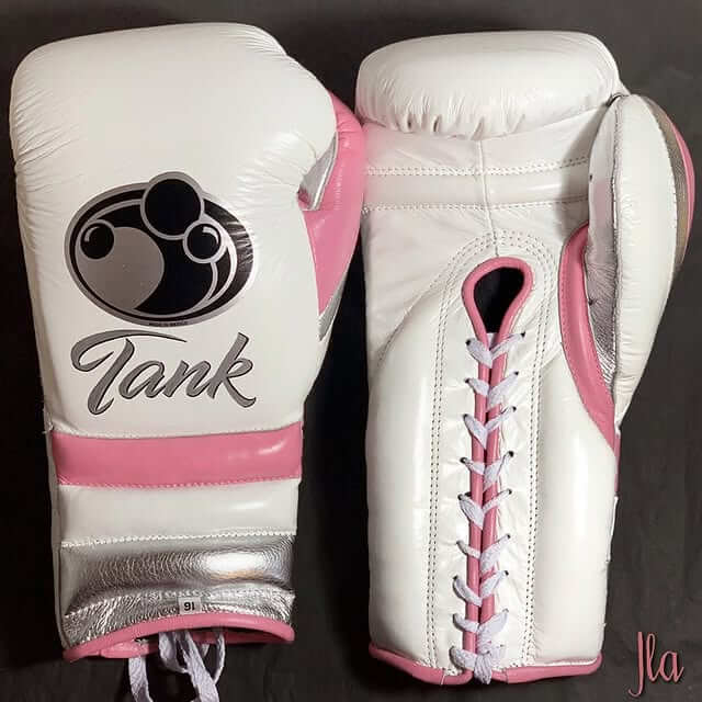 Grant Boxing Gloves in White/Pink/Silver colorway - Professional Lace-Up training gloves