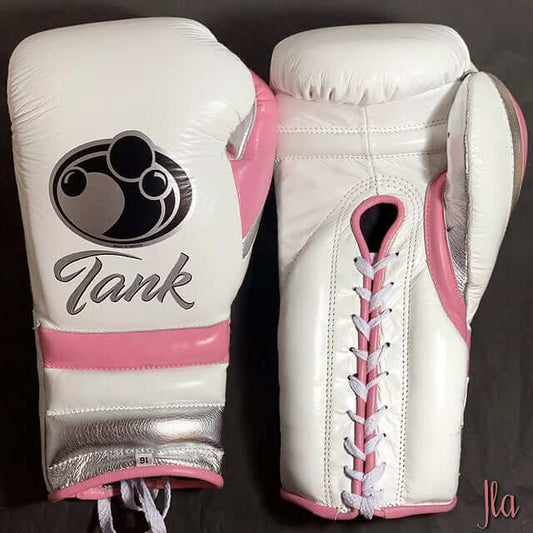Grant Boxing Gloves in White/Pink/Silver colorway - Professional Lace-Up training gloves