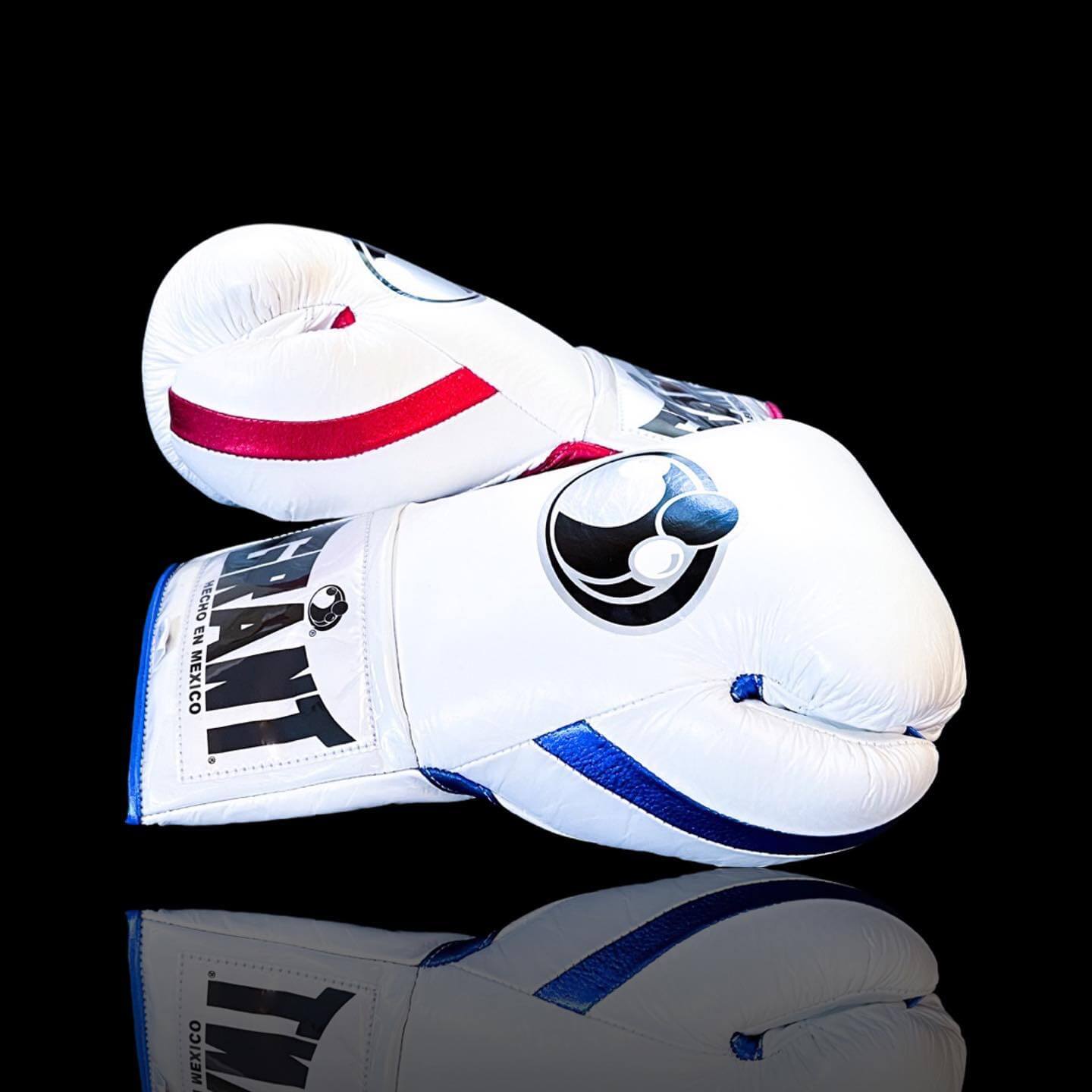 Grant Boxing Gloves in White/Blue/Red colorway - Professional Lace-Up training gloves