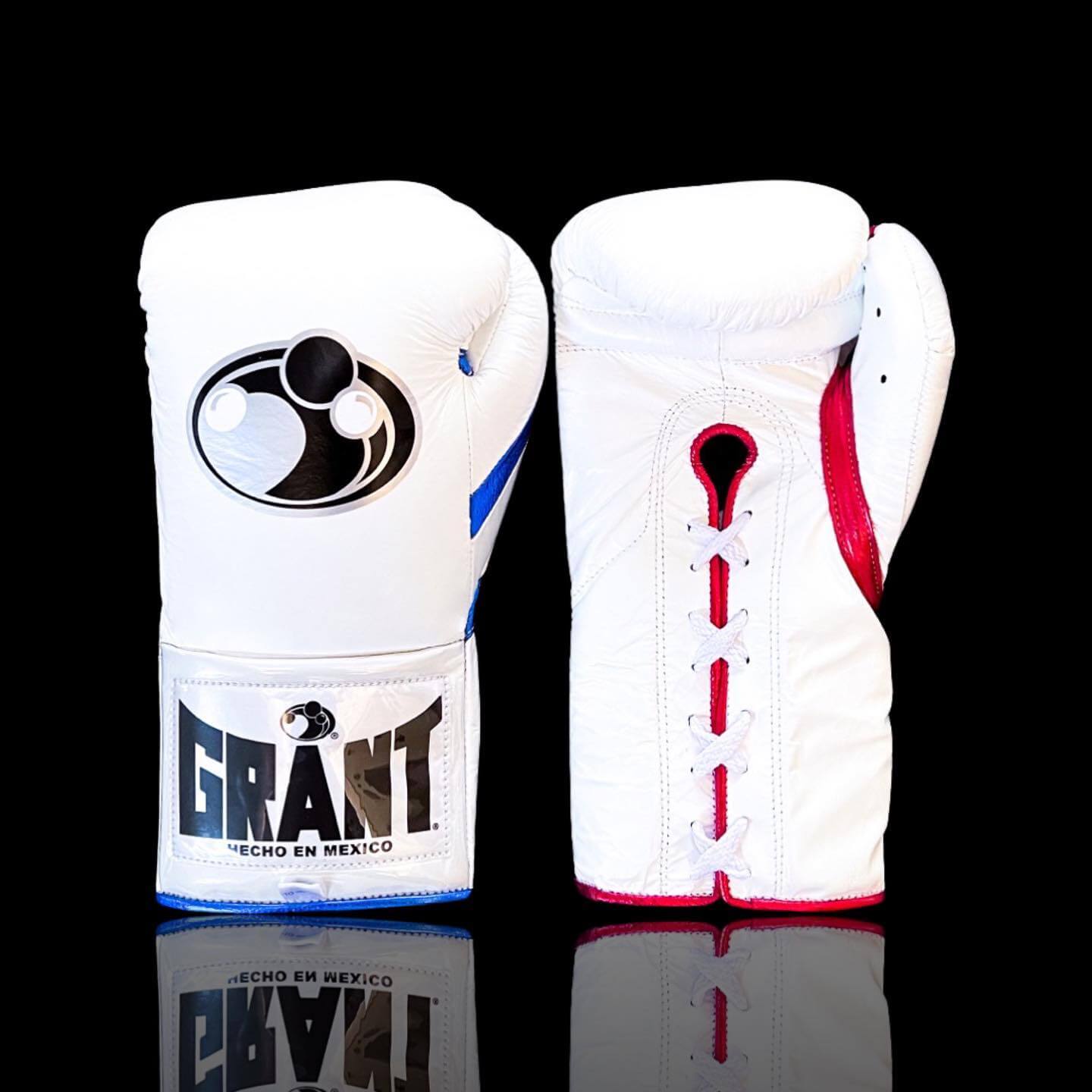 Grant Boxing Gloves in White/Blue/Red colorway - Professional Lace-Up training gloves