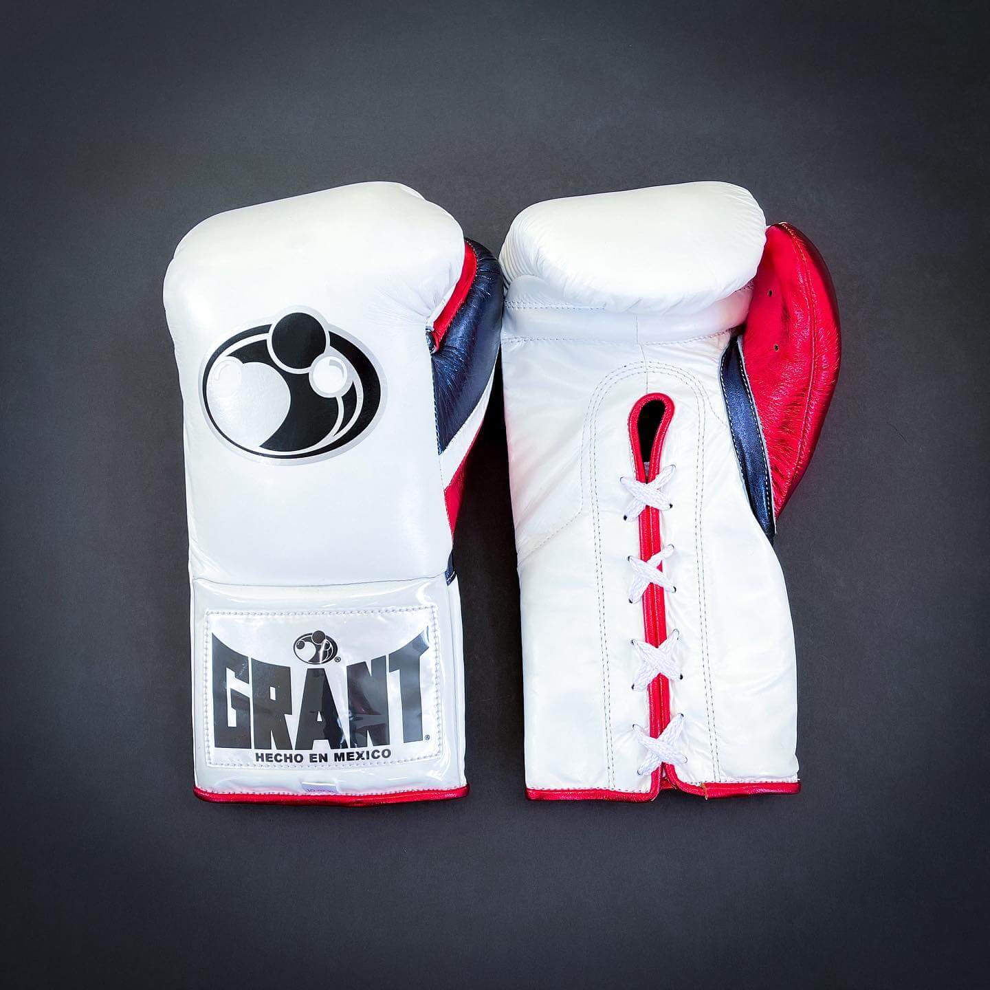 Grant Boxing Gloves in White/Red/Blue colorway - Professional Lace-Up training gloves